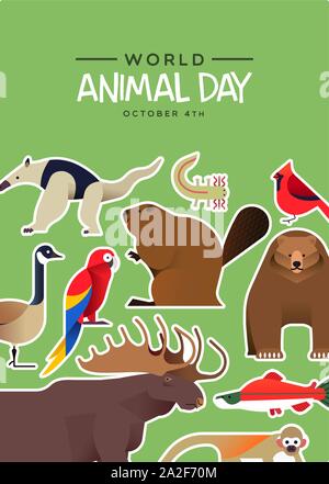 World Animal Day illustration of cute wild animals stickers in modern flat cartoon style. Diverse wildlife fauna includes brown bear, jungle monkey, m Stock Vector