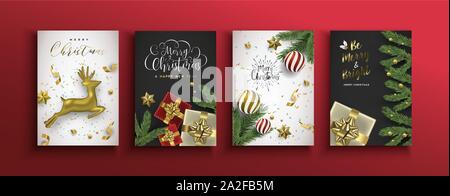 Merry Christmas Happy new year greeting card set of 3d gold holiday ornaments and gift boxes. Includes realistic xmas tree baubles, golden reindeer. Stock Vector