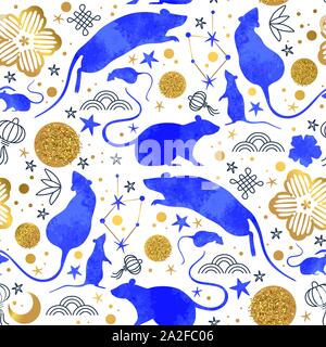 Chinese New Year of the rat seamless pattern with blue watercolor mouse animals, gold asian culture icons and hand drawn doodles. Traditional lunar fe Stock Vector