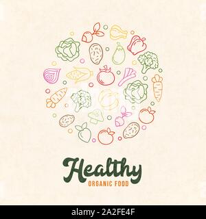 Organic food illustration of colorful hand drawn vegetable icons in outline style. Fresh product concept for healthy diet or cooking ingredients. Stock Vector