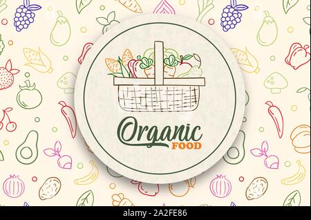 Organic food label illustration with fresh vegetables and fruit on colorful outline icon background. Vegetarian product sticker concept for restaurant Stock Vector