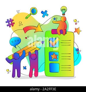 Friend group with big pencil, task list with colorful gradient style social icons for teamwork concept or online collaboration. Stock Vector