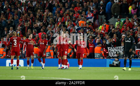 Liverpool. 2nd Oct, 2019. Liverpool's Mohamed Salah (2nd R) celebrates with his teammates after scoring during the UEFA Champions League Group E match between Liverpool and Salzburg in Liverpool, Britain on Oct. 2, 2019. Liverpool won 4-3. Credit: Han Yan/Xinhua/Alamy Live News Stock Photo