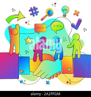 Happy team with big people shaking hands and colorful social icons in gradient style. Business deal concept for work group or online communication. Stock Vector