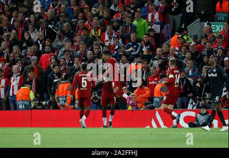 Liverpool. 2nd Oct, 2019. Liverpool's players celebrate after scoring during the UEFA Champions League Group E match between Liverpool and Salzburg in Liverpool, Britain on Oct. 2, 2019. Liverpool won 4-3. Credit: Han Yan/Xinhua/Alamy Live News Stock Photo