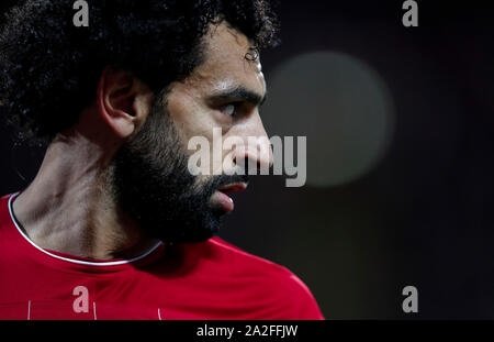 Liverpool. 2nd Oct, 2019. Liverpool's Mohamed Salah is seen during the UEFA Champions League Group E match between Liverpool and Salzburg in Liverpool, Britain on Oct. 2, 2019. Liverpool won 4-3. Credit: Han Yan/Xinhua/Alamy Live News Stock Photo