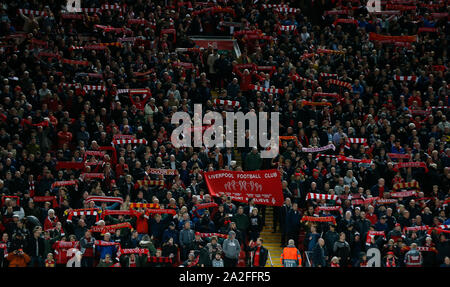 Liverpool. 2nd Oct, 2019. Liverpool's supporters are seen in the stands before the UEFA Champions League Group E match between Liverpool and Salzburg in Liverpool, Britain on Oct. 2, 2019. Liverpool won 4-3. Credit: Han Yan/Xinhua/Alamy Live News Stock Photo