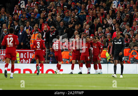 Liverpool. 2nd Oct, 2019. Liverpool's players celebrate after scoring during the UEFA Champions League Group E match between Liverpool and Salzburg in Liverpool, Britain on Oct. 2, 2019. Liverpool won 4-3. Credit: Han Yan/Xinhua/Alamy Live News Stock Photo