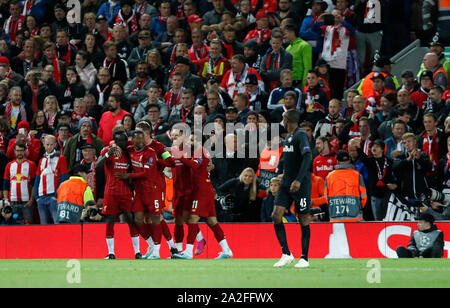 Liverpool. 2nd Oct, 2019. Liverpool's players celebrate after scoring during the UEFA Champions League Group E match between Liverpool and Salzburg in Liverpool, Britain on Oct. 2, 2019. Liverpool won 4-3. Credit: Han Yan/Xinhua/Alamy Live News Stock Photo