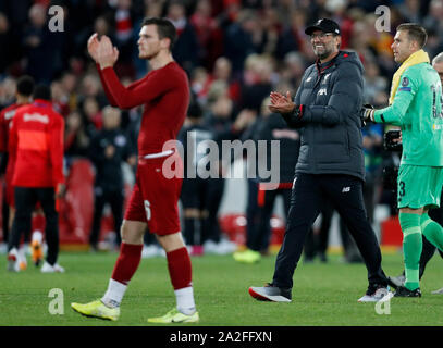 Liverpool. 2nd Oct, 2019. Liverpool's manager Jurgen Klopp (2nd R) acknowledges the supporters after the UEFA Champions League Group E match between Liverpool and Salzburg in Liverpool, Britain on Oct. 2, 2019. Liverpool won 4-3. Credit: Han Yan/Xinhua/Alamy Live News Stock Photo