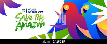 Save the Amazon web banner illustration for world animal day, rainforest deforestation awareness concept. Colorful brazilian macaw birds in modern vib Stock Vector