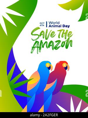 Save the Amazon illustration for world animal day, rainforest deforestation awareness concept. Colorful brazilian macaw birds in modern vibrant flat g Stock Vector