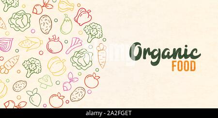 Organic food banner illustration of colorful hand drawn vegetable icons in outline style. Fresh product concept for healthy diet or cooking ingredient Stock Vector