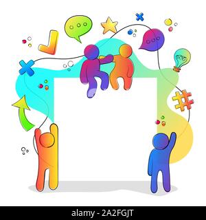 Colorful people with social media icons and empty white copy space frame in modern gradient style. Stock Vector