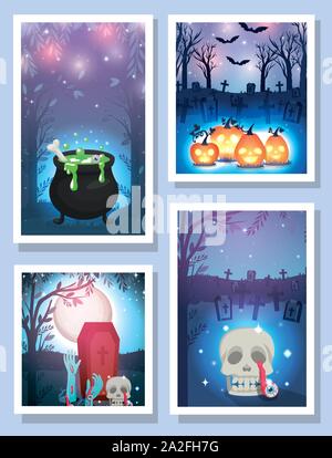 happy halloween moon bats coffin vector illustration Stock Vector Image ...