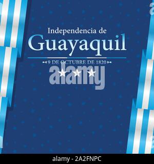INDEPENDENCE DE GUAYAQUIL Greeting card - GUAYAQUIL'S INDEPENDENCE in Spanish language - Title on a dark blue background with blue and white flags Stock Vector