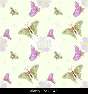 Pattern seamless vector of flying butterfly and flower in tropical forest concept on green background. Stock Vector
