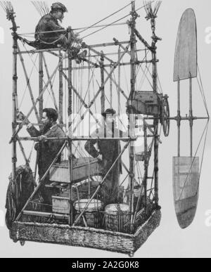 Historia de la aeronáutica. Gastón Tissandier (1843-1899). Aeronauta y divulgador científico francés. Inventó un mecanismo electrico para el control del dirigible aerostático. Llevó a cabo más de veinte ascensiones con su hermano Alberto. Francia. París. Aerostático eléctrico dirigible de los hermanos Tissandier, ensayo en París el 26 de septiembre de 1884. Barquilla y motor. Grabado por Bernardo Rico (1825-1894). La Ilustración Española y Americana, 15 de octubre de 1884. Stock Photo