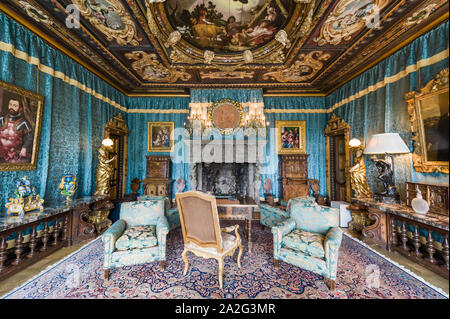 California, USA, 09 Jun 2013: Beautiful living room with breathtaking details and decorated with antiques at Hearst Castle, which is a National and Ca Stock Photo