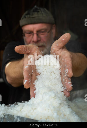 30 September 2019, Lower Saxony, Lüneburg: In a boiling hut, Mimke Koch holds salt in his hands after boiling. Salt secured Lüneburg's prosperity and power for centuries. (to dpa 'Lüneburg and the salt') Photo: Philipp Schulze/dpa Stock Photo