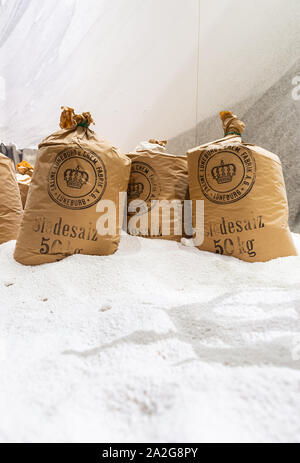 30 September 2019, Lower Saxony, Lüneburg: Sacks of evaporated salt can be seen in the German Salt Museum in Lüneburg. Salt secured Lüneburg's prosperity and power for centuries. (to dpa 'Lüneburg and the salt') Photo: Philipp Schulze/dpa Stock Photo