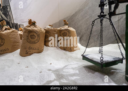 30 September 2019, Lower Saxony, Lüneburg: Sacks of evaporated salt can be seen in the German Salt Museum in Lüneburg. Salt secured Lüneburg's prosperity and power for centuries. (to dpa 'Lüneburg and the salt') Photo: Philipp Schulze/dpa Stock Photo