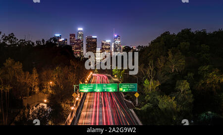 Los Angeles Skyline at night from 110 freeway Stock Photo