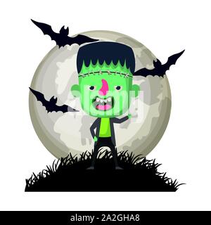 cute little boy with frankenstein costume in dark night scene Stock Vector