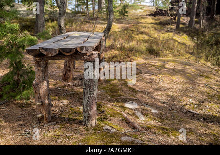 Camp on the rocky shore of the lake. Old wooden table from the pines in spring forest. Stock Photo