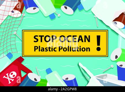Stop ocean plastic pollution background with junk, vector