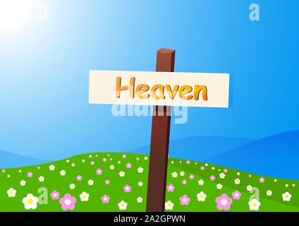 Heaven landscape with signpost, flower and field, vector Stock Vector