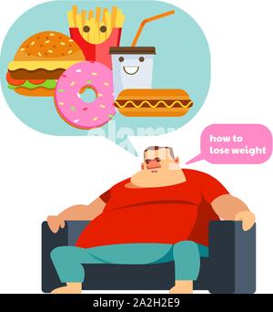 Sad obese man think to how to lose weight. health care concept. illustration vector cartoon flat icons design. isolated on white background Stock Vector