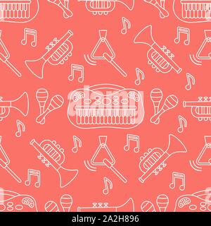 Vector seamless pattern with children's musical toys. Illustration with musical instruments. Maracas, synthesizer, trumpet, triangle and notes. Toys f Stock Vector
