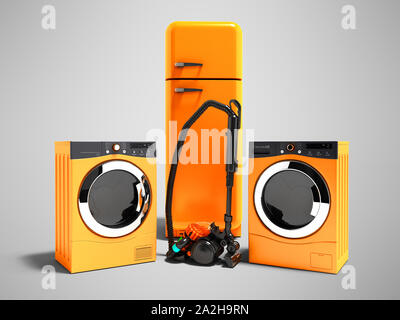 Modern orange home appliances refrigerator dryer for clothes washing machine and vacuum cleaner 3d rendering on gray background with shadow Stock Photo