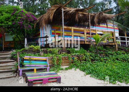 fun and colorful outdoor cafe on the beach in La Réunion, France Stock Photo