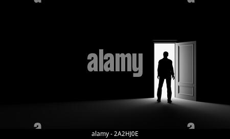 Silhouette of a man standing in a dark room lit by bright light. 3d rendering Stock Photo