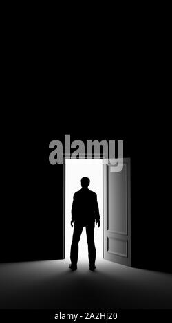 Silhouette of a man standing in a dark room lit by bright light. 3d rendering Stock Photo