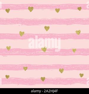 Golden sparkling shiny confetti hearts on a striped background. Seamless pattern. Shiny gold background. Hand painted brush strokes. Stock Vector