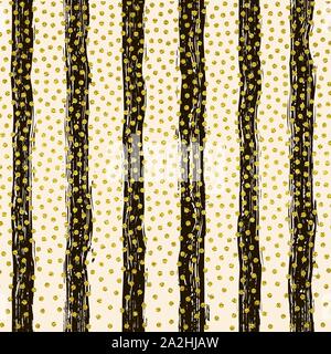 Striped seamless pattern with vertical line. Black and gold fashion graphics design. Strict graphic background. Retro style. Template for wallpaper, wrapping, textile, fabric. Vector Illustration. Hand painted brush strokes. Striped background. Vector illustration. Gold circles Stock Vector