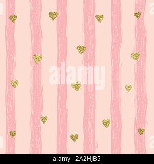 Golden sparkling shiny confetti hearts on a striped background. Seamless pattern. Shiny gold background. Hand painted brush strokes. Stock Vector