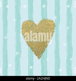 Gold glittering heart confetti seamless pattern with hand drawn stripes. For wrapping, wallpaper, textile, invitation, wedding card, valentine's day romantic card. Trendy hearts color vector on striped background. Stock Vector
