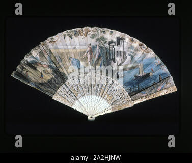 Fan, 18th century, France, Skin, painted, carved and gilded ivory guards and sticks, amythest rivet Stock Photo