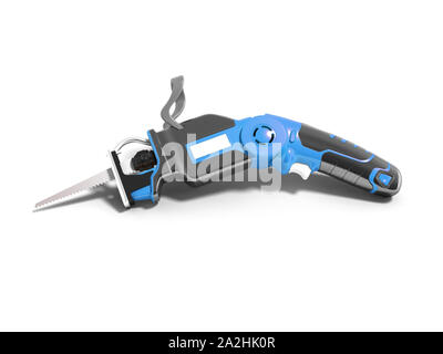 Modern blue hacksaw on battery for garden works in summer 3d render on white background with shadow Stock Photo