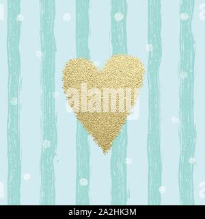 Gold glittering heart confetti seamless pattern with hand drawn stripes. For wrapping, wallpaper, textile, invitation, wedding card, valentine's day romantic card. Trendy hearts color vector on striped background. Stock Vector