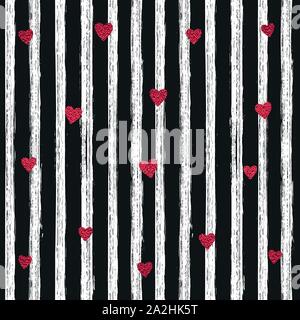 Pink, red confetti hearts on a striped background. Seamless sparkling shiny pattern. Hand painted brush strokes. Stock Vector