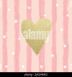 Gold glittering heart confetti seamless pattern with hand drawn stripes. For wrapping, wallpaper, textile, invitation, wedding card, valentine's day romantic card. Trendy hearts color vector on striped background. Stock Vector