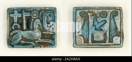 Plaque: Sphinx with Cartouche/Maatkare Flanked by Feathers, New Kingdom, Dynasty 18, reign of Hatshepsut (about 1473–1458 BC), Egyptian, Egypt, Glazed steatite, 2 × 1.5 × .5 cm (3/4 × 5/8 × 1/4 in Stock Photo