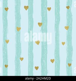Golden sparkling shiny confetti hearts on a striped background. Seamless pattern. Shiny gold background. Hand painted brush strokes. Stock Vector