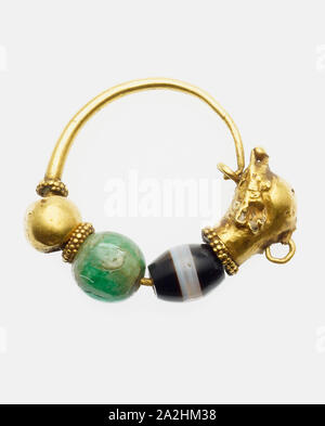 Earring with Dolphin Head Finial, 3rd/2nd century BC, Greek, Hellenistic, Ancient Greece, Gold, glass, and sardonyx, Diam. 2.86 cm (1 1/8 in Stock Photo