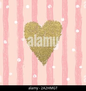 Gold glittering heart confetti seamless pattern with hand drawn stripes. For wrapping, wallpaper, textile, invitation, wedding card, valentine's day romantic card. Trendy hearts color vector on striped background. Stock Vector
